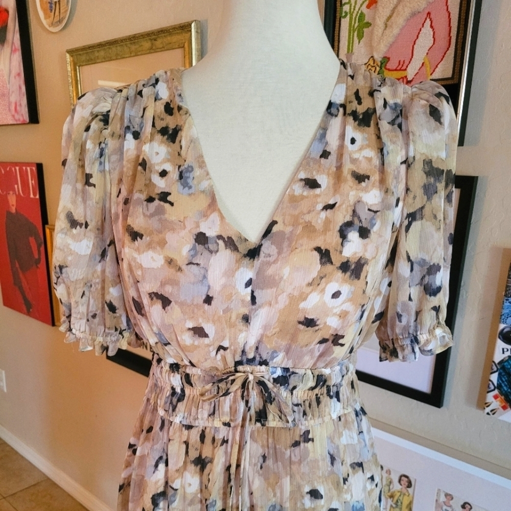 Maggy London Khaki Gold Print Puff Sleeve Ruffle Hem Midi Dress - Picture 5 of 9